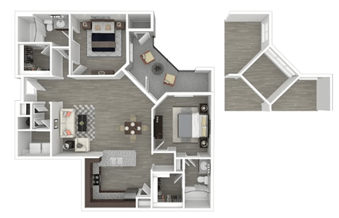 A detailed 3D floor plan of a house layout.